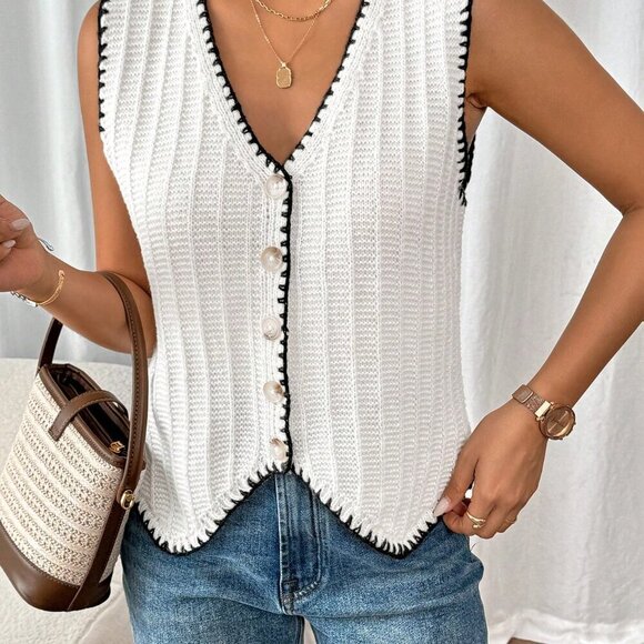 Beige Casual Women's Color Block Edging Vest Style Sweater - Picture 5 of 6